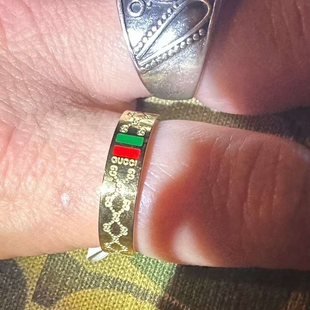 18K Gold Monogram Ring With Green & Red Stripe and Monogram All Around - Picture 5 of 5
